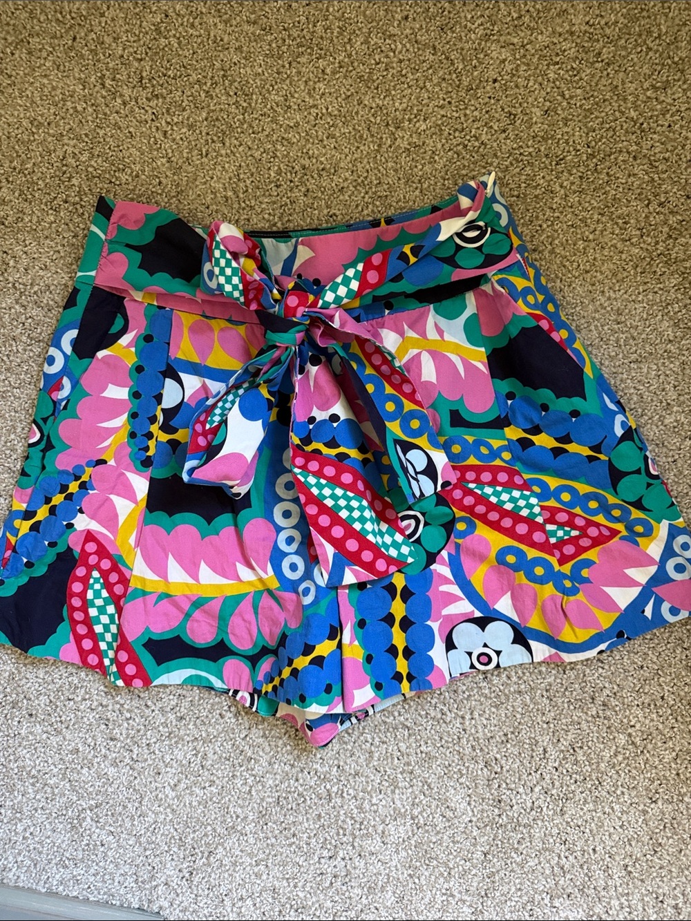 J. Crew Multicolor High-Waist Tie-Front Shorts — Pink, Blue, Green